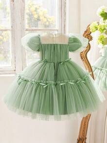 女童圆领水钻蝴蝶结网纱优雅舞会礼服，适合生日派对、毕业典礼、重要场合，不含头饰 - 綠色 - 查看 3