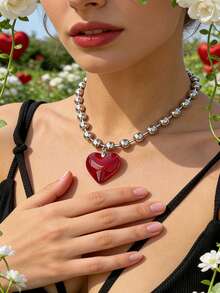 1pc Exaggerated Cute Beaded Heart Pendant Necklace, Fashion Party Accessories Valentines,Mom,Mother,Mother's Day,Gift - Hot Pink - View 13