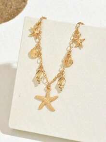 1pc Fashionable ZA Layered Necklace – Vintage Boho Beach Style With Starfish, Shell, Turtle & Multi-Pendant Design, Perfect Party And Holiday Gift, Versatile Accessory For Women's Casual And Vacation Outfits - Gold - 查看 2