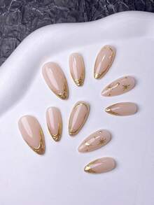 10片手工亚克力印花美甲片，短款假指甲，杏仁形指甲，可爱美甲，Y2K风格美甲，法式美甲，金色指甲搭配手绘星形图案，奢华风格，适合日常、家庭聚会及各种场合。 - 金色 - 查看 13