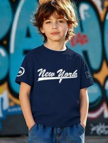 Teens' Round Neck Short Sleeve T-Shirt, Casual Minimalist Slogan Print, Comfortable Boys' Apparel, New For Spring/Summer - Navy Blue - View 6