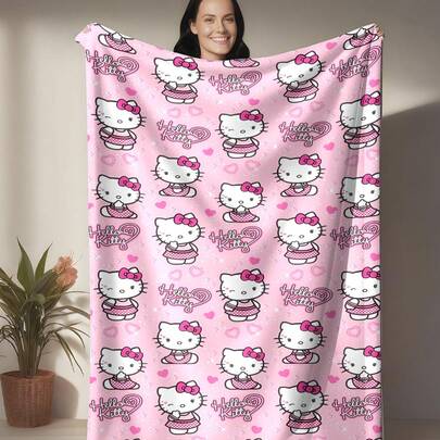 SANRIO Esta es una manta de franela con temática de Hello Kitty. La imagen de Hello Kitty lleva un vestido a cuadros y un lazo rosa, con corazones rosas dispersos que acentúan la sensación femenina y curativa. El tono rosa claro y los elementos de corazón refuerzan la sensación de feminidad y curación. El diseño de estampado todo sobre todo tiene una sensación visualmente saturada y rítmica. Tiene las características de calidez y suavidad, y se puede usar como una manta para el sofá, una manta para la siesta o una decoración para la cama.
