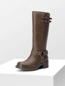 Women's Motorcycle Boots Side Zipper Knee High Boots Square Toe Chunky Low Heel Buckle Decorated Biker Fashion Long Boots Festival Dresses - 棕色 - 查看 5