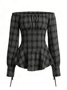 法式复古露肩格子长袖连衣裙，收腰设计，修身裙摆，优雅少女风，秋季必备 - 黑色 - 查看 6