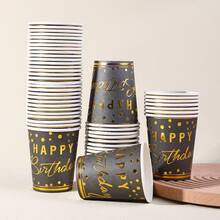 10 piezas/20 piezas/40 piezas, Vasos de papel negro y dorado de 9 onzas con diseño impreso de "Feliz Cumpleaños", vasos desechables para bebidas, aptos para bebidas calientes, fiestas de cumpleaños de hombres y mujeres, bodas, despedidas de soltera, ceremonias de graduación y otras ocasiones. - Negro - Ver 5