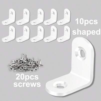 White Value Pack Of 30, 10 L-Shaped Angle Brackets With 20 Wardrobe Screws, Heavy Duty Stainless Steel L-Bracket Set (With Screws) - Perfect For Wooden Furniture, Chairs And Tables, Home Furnishings, Hardware Accessories