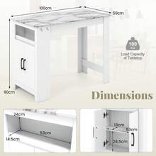 COSTWAY Bar Table, Faux Marble Pub Table With 7 Hanging Hooks, Compartment, Cabinet & Adjustable Shelf, 100cm Long Counter Height Table, Rectangular Dining Table For Living Room & Kitchen, White - White - View 4