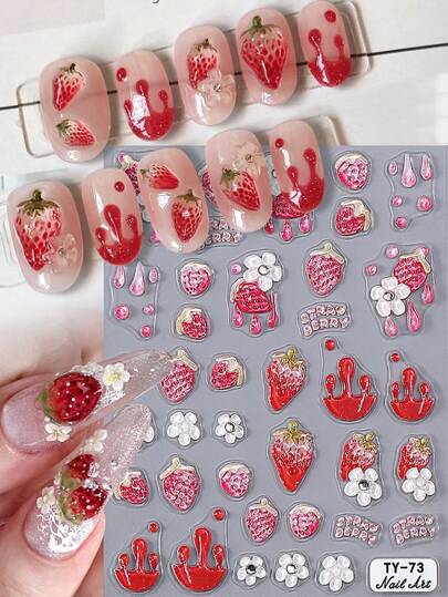 1片5D立体草莓花美甲贴纸 DIY美甲装饰滑块，美甲艺术配件工具，美甲用品