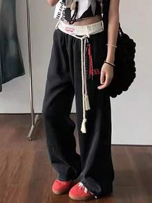 女士海军蓝复古休闲运动裤，拼接腰带直筒宽松运动裤，黑色 - 黑色 - 查看 3