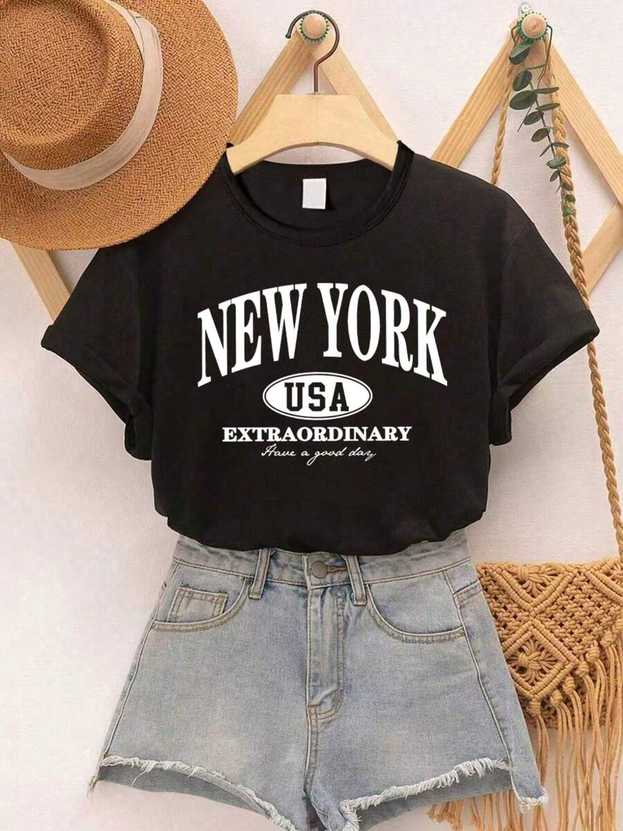 女童字母印花圆领休闲短袖T恤 - 黑色 - 查看 1