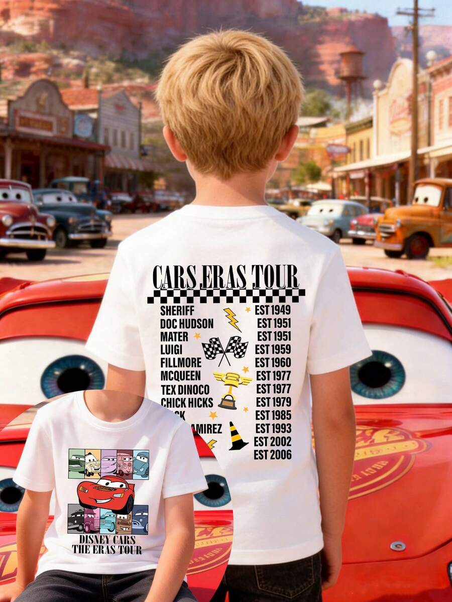Disney Boys' T-Shirt Featuring A Creative Cartoon Print Of Lightning McQueen From Cars. Made From Soft, Comfortable, And Breathable Fabric, It's Perfect For Everyday Wear, Outings, And Activities-Making It An Ideal Gift For Kids. - 白色 - 查看 1