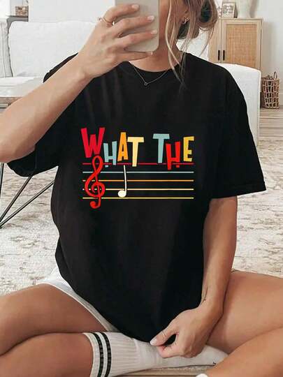 100% Cotton What The F Funny Clef Note Music Humor Musician Gift T-Shirt Women Graphic T-Shirt Cotton Print Short Sleeve Casual Top, Summer Tee Womens Tops