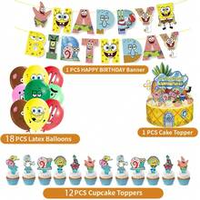 SpongeBob SquarePants Đồ dùng dùng một lần cho tiệc sinh nhật chủ đề Anime: Đĩa, băng rôn, đồ trang trí bánh, cờ treo, bóng bay, đồ trang trí sinh nhật. - Nhiều màu - Xem 13