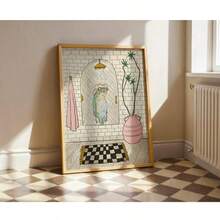 1幅可爱青蛙浴室墙画，异想天开的青蛙淋浴印花帆布画，趣味动物艺术海报，波西米亚复古浴室装饰，适用于洗手间、客用浴室装饰，送给青蛙爱好者的礼物，可选择无框或有框。 - 卡通 - 查看 6