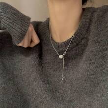 Architectural Curve Pendant Necklace | 3D Geometric Grid Fine Jewelry | Modern Statement Collar Chain For Women - Silver - View 3