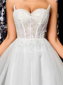 纯色亮片拼接拉链优雅无肩带婚纱 - 白色 - 查看 8