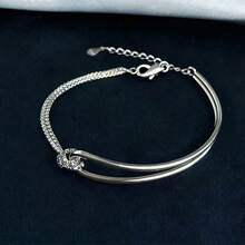 1pc Fashionable Minimalist Niche Unique 925 Sterling Silver Synthetic Cubic Zirconia Geometric Square Heart Round Chain Bracelet For Women, Wedding, Holiday, Party, Banquet - Silver - View 5