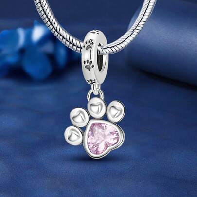 1pc 925 Sterling Silver Pink Paw Print Pendant Bead, Suitable For DIY Bracelet Jewelry For Women