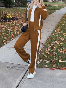 休闲女式通勤套装，舒适宽松拼接撞色长袖外套+条纹撞色直筒裤两件套，春季款 - 淺咖色 - 查看 4