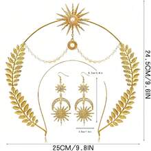 3pcs Ramadan Gold Sun Goddess Boho Baroque Headband + Hexagram Earrings Set, Hexagram Moon Headband, Elegant Headpiece & Earring Accessories Set For Eid Celebration - Gold - View 8