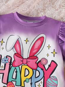 Bộ 2 món cho bé gái, kiểu dáng thường ngày, in chữ "HAPPY EASTER" (Chúc mừng Lễ Phục Sinh) với họa tiết tai thỏ, nơ, ngôi sao, trứng và hoa, chất liệu vải mềm mại, tay ngắn và quần ống loe, thích hợp mặc ngoài trời, mùa xuân/hè. - Nhiều màu - Xem 3