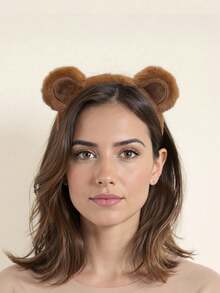 4pcs Cute Plush Bear Ear Headbands, SPA Makeup Washing Face Headbands, Fluffy Cartoon Animal Headbands, Soft Turban Hair Accessories, Suitable For Women And Girls, Headbands - Brown - View 2