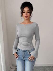 Women's Spring Fall Long Sleeve Shirts Crop Going Out Tops Casual Boat Neck Bell Sleeve Ribbed Ruched Y2K Clothes - Grey - View 7