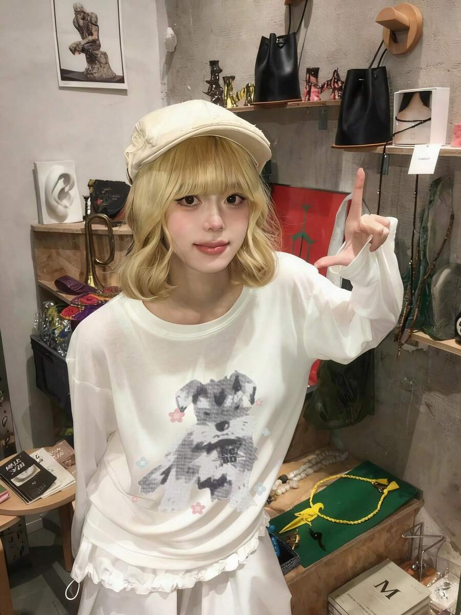 1pc Women's Casual Loose Cute Puppy Pixel Print Crew Neck T-Shirt, Sweet Girl Style, Spring 2026 New Arrival - White - View 1
