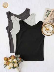 3pcs/Set Comfortable Square Neck Camisole Tops, Soft & Skin-Friendly Sleeveless Elegant Vest For Spring & Summer - Multicolor - View 6