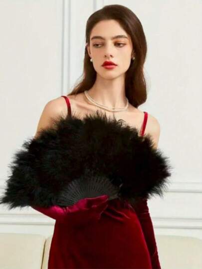 1把羽毛扇，时尚夏季白色/黑色/红色羽毛手扇，婚礼派对装饰，新娘送礼会，新娘礼物，摄影道具，可折叠手扇，适用于服装、舞蹈、茶道、婚礼装饰、礼物、春季礼物，中式羽毛扇