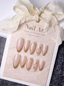 10片手工亚克力印花美甲片，短款假指甲，杏仁形指甲，可爱美甲，Y2K风格美甲，法式美甲，金色指甲搭配手绘星形图案，奢华风格，适合日常、家庭聚会及各种场合。 - 金色 - 查看 3