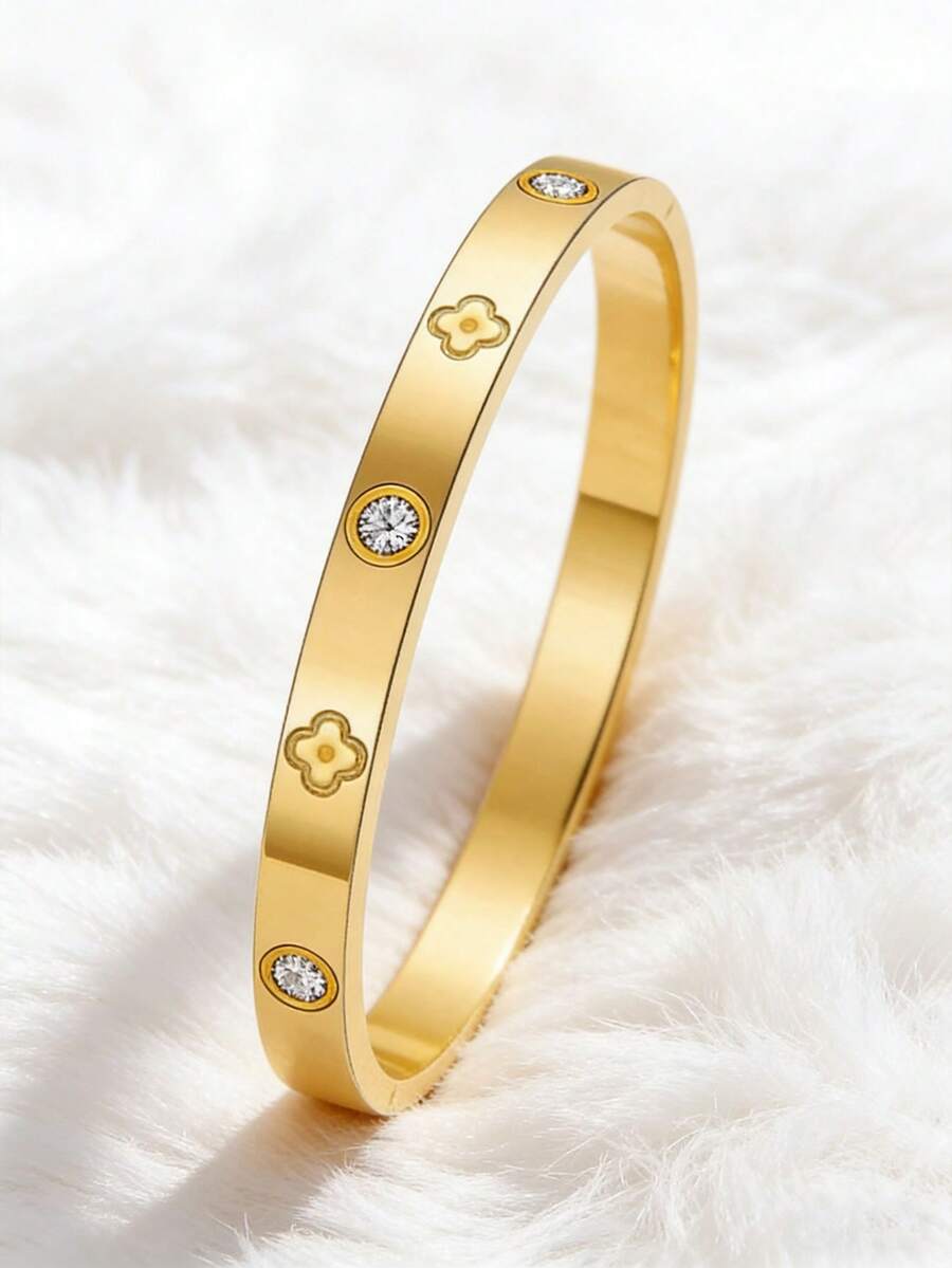 1pc Fashionable & Personalized Luxury Stainless Steel Zirconia Bracelet For Women, Suitable For Party, Gathering, And Daily Wear - Gold 1 - View 1