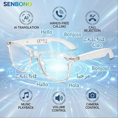  Gafas inteligentes de traducción AI SENBONO 2026, gafas de audio multifuncionales, traductor de conversación, llamadas manos libres, auriculares con cancelación de ruido y gafas 2 en 1, equipadas con micrófono y altavoces incorporados, compatibles con control de volumen, reproducción de música y llamadas manos libres, adecuadas para ciclismo y viajes