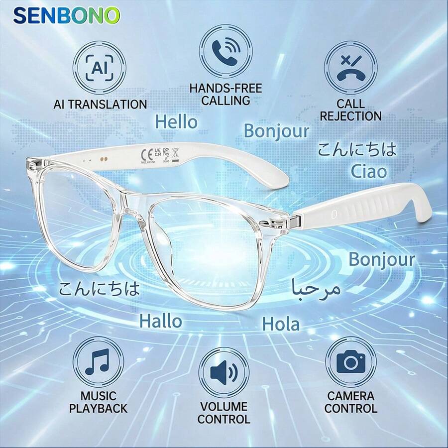 SENBONO 2026 Neue KI-Übersetzungs-Smartbrille, Multifunktionale Audio-Brille, Konversationsübersetzer, Freisprechfunktion, Geräuschunterdrückende Kopfhörer und Brille 2-in-1, mit eingebautem Mikrofon und Lautsprechern ausgestattet, unterstützt Lautstärkeregelung, Musikwiedergabe und Freisprechfunktion, geeignet für Radfahren, Reisen - Verschiedenfarbig - Übersicht 1