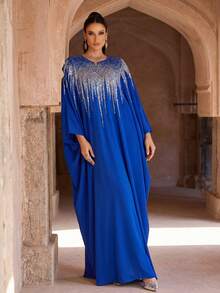 新款优雅复古圆领镂空长款阿拉伯传统长袍 - 寶藍色 - 查看 3