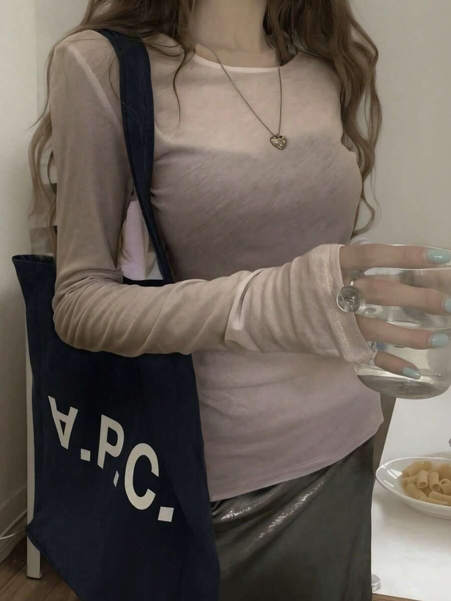 Y2K Elastic Sheer Long Sleeve Crew Neck Fitted T-Shirt Top - Khaki - View 1