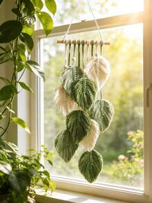 1pc Green Leaf Pattern Handmade Woven Hanging Decor Boho Style Vertical Wall Hanging Spring Botanical Theme Leaf Shape With Layered Tassel Details Soft Green And Ivory Color Palette Fresh Seasonal Decorative Accent For Spring Home Refresh Easter Style Interior Styling Suitable For Living Room Bedroom Entryway Hallway Wall Display Apartment Dorm Farmhouse Bohemian Spring Decor Photo Background - Multicolor - View 5