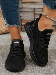 Zapatos De Tenis Antideslizantes Elásticos Para Mujer,Tenis de mujer, Negro Zapatos casuales de mujer, calzado informal,Zapatos Deportivos Casuales Para Mujer Con Malla Transpirable Elegante En La Parte Superior Y Suela Suave Para Correr Simples y Versátiles - Negro - Ver 11