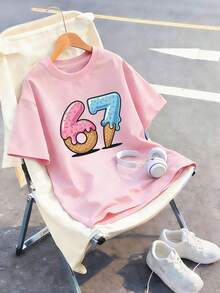 少女冰淇淋卡通“67”印花T恤，面料柔软舒适，时尚夏季上衣，适合日常穿着、街头风和校园风。 - 粉色 - 查看 5