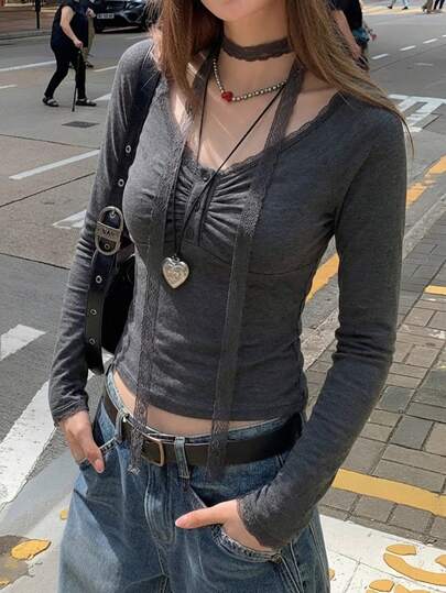 Korean Style Sexy V-Neck Long Sleeve T-Shirt For Women, Slim Fit, Casual Spring Top