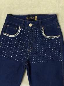 pthirillo Women's Dark Blue Flare Jeans With Butt-Lifting, High Waist, And Rhinestone Detail - Premium Rhinestone Jeans - 口袋水鑽 - 查看 6