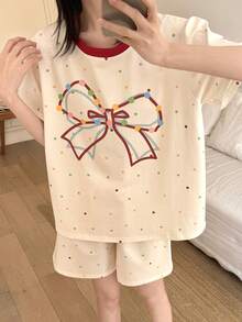 Pure Slumber 2pcs Polka Dot Short Sleeve Pajama Set For Women, Spring/Summer Bowknot Color Block Sleepwear - Apricot - View 6