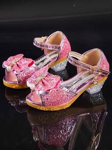 儿童凉鞋，女童高跟凉鞋，夏季闪亮水晶公主鞋 - 粉色 - 查看 1