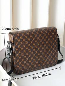 HOVI'S 男士斜挎包，棕黄色字母格纹印花面料 - 翻盖按扣和拉链闭合，可调节肩带，大容量平板电脑隔层，新年礼物，情人节礼物 - 棕色 - 查看 9