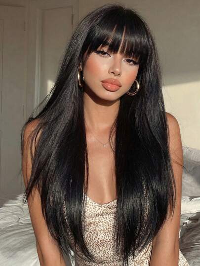 28 tums svart värmebeständig syntetisk maskinvävd peruk med lugg, elegant stil, naturlig fluffig och mjuk värmebeständig syntetisk helmaskinvävd peruk, lämplig för vardagsbruk, musikfestivaler, fester, cosplay, även en utmärkt present till vänner