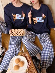 2pcs/Set Spring Cotton Long Sleeve Couple Pajamas, Cartoon Sausage Dog Print, Soft & Breathable Black Homewear Set For Women - Black - View 1
