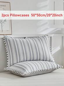 1/2 件装极简条纹印花涤纶枕套，带绒球流苏，柔软透气，现代沙发抱枕套，不含枕芯 - 灰色 - 查看 16