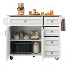 Kitchen Island (110 * 45-75 * 92 Cm), Modern Kitchen Island, Kitchen Cabinet, Removable Serving Cart, Sideboard, Vintage Pattern Dining Room Serving Cart, Buffet, Multifunctional Dining Table With Storage, Blue