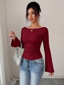 Women's Spring Fall Long Sleeve Shirts Crop Going Out Tops Casual Boat Neck Bell Sleeve Ribbed Ruched Y2K Clothes - Burgundy - View 6