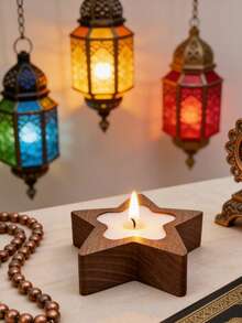 1pc Wooden Dough Bowl With Eid Moon And Candle, Eid Mubarak Plate With Scented Candle, Holiday Decor, Holiday Candle, Birthday Gift, Souvenir And Small Gift, Suitable For Ramadan, Christmas, Mother's Day, Eid Al-Adha, Saudi National Day, Tabletop Decor And Home Decor, Photography Props Decor And Surprise Gift - Multicolor - View 8